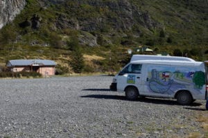 Campervan campsite in Torres del Paine at Lago Grey