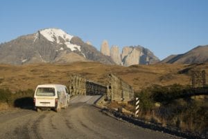 Torres del paine in a Campervan driving through park