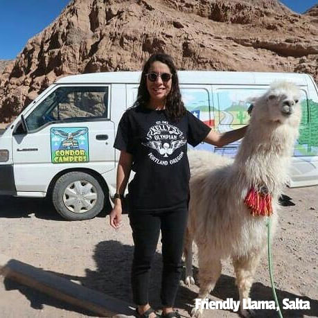 A Condor Campers Campervan in Salta, northern Argentina. A happy girl stroking a white llama.